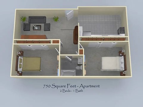 Floor plan for 2 beds, 1 bath, 720 sqft